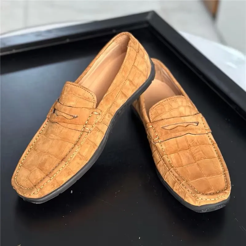 Nubuck Crocodile Leather Men's Camel Moccasins Gommino Alligator Leather Male Slip-on Soft Flats Shoes