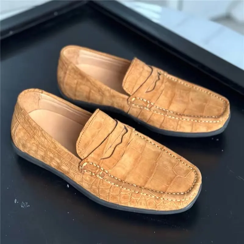 Nubuck Crocodile Leather Men's Camel Moccasins Gommino Alligator Leather Male Slip-on Soft Flats Shoes