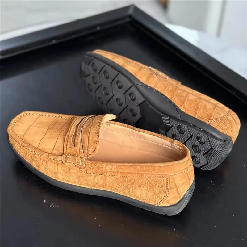Nubuck Crocodile Leather Men's Camel Moccasins Gommino Alligator Leather Male Slip-on Soft Flats Shoes