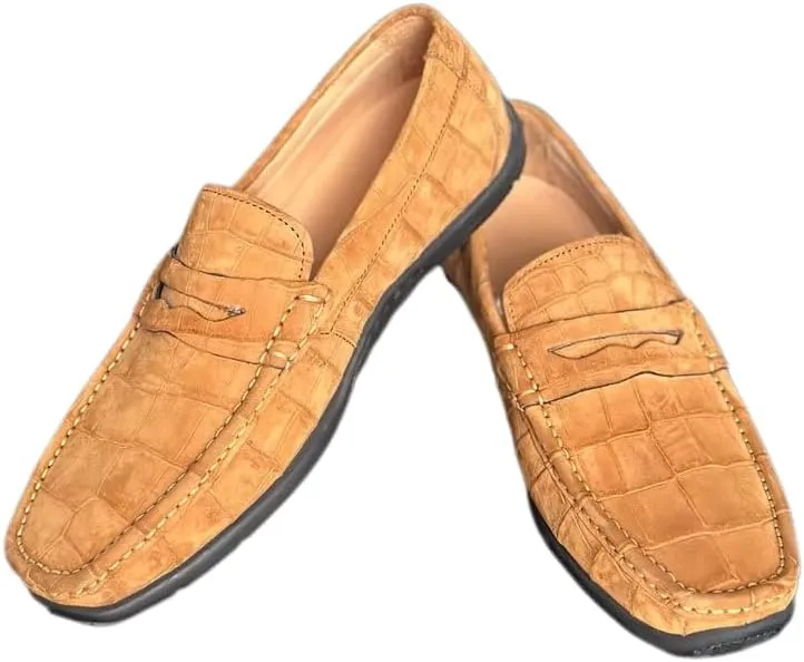 Nubuck Crocodile Leather Men's Camel Moccasins Gommino Alligator Leather Male Slip-on Soft Flats Shoes