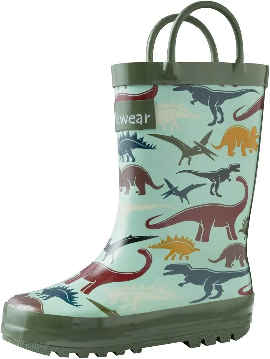 oaki Toddler Rain Boots - Perfect Kids Rain Boots for Any Weather - Durable Rubber Baby Rain Boots Keep Little Feet Dry, Lightweight Waterproof with Easy-on Handle, Earthy Dino, 8T Toddler