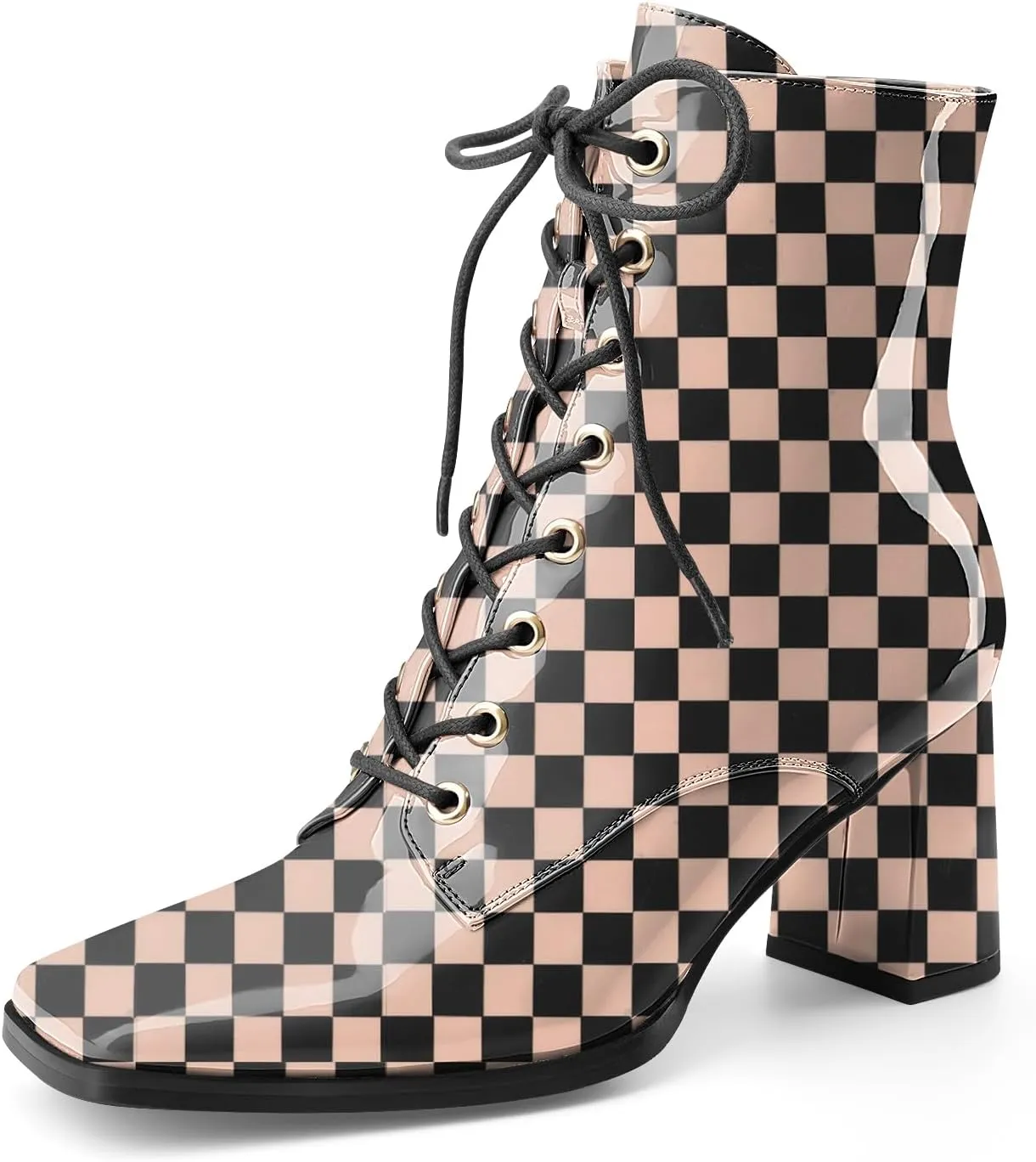 Oh Mispares Women's Chunky Heel Ankle Boots Square Toe Lace-up Chunky Block Heeled Side Zipper Short Booties Comfortable Walking Boot Shoes