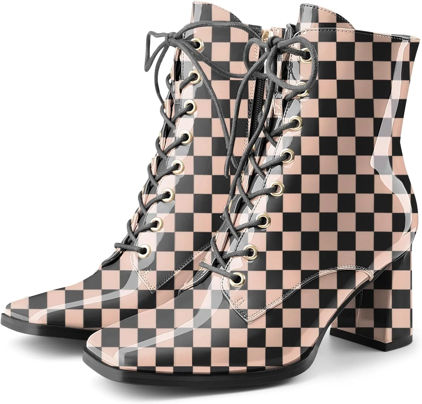 Oh Mispares Women's Chunky Heel Ankle Boots Square Toe Lace-up Chunky Block Heeled Side Zipper Short Booties Comfortable Walking Boot Shoes