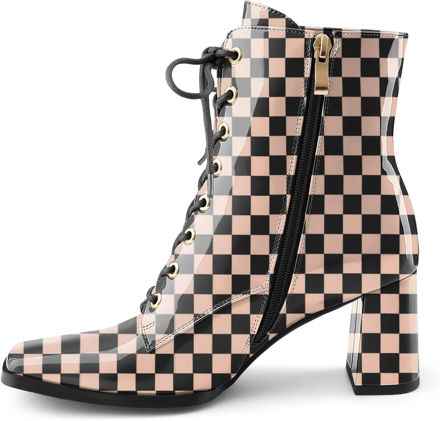 Oh Mispares Women's Chunky Heel Ankle Boots Square Toe Lace-up Chunky Block Heeled Side Zipper Short Booties Comfortable Walking Boot Shoes