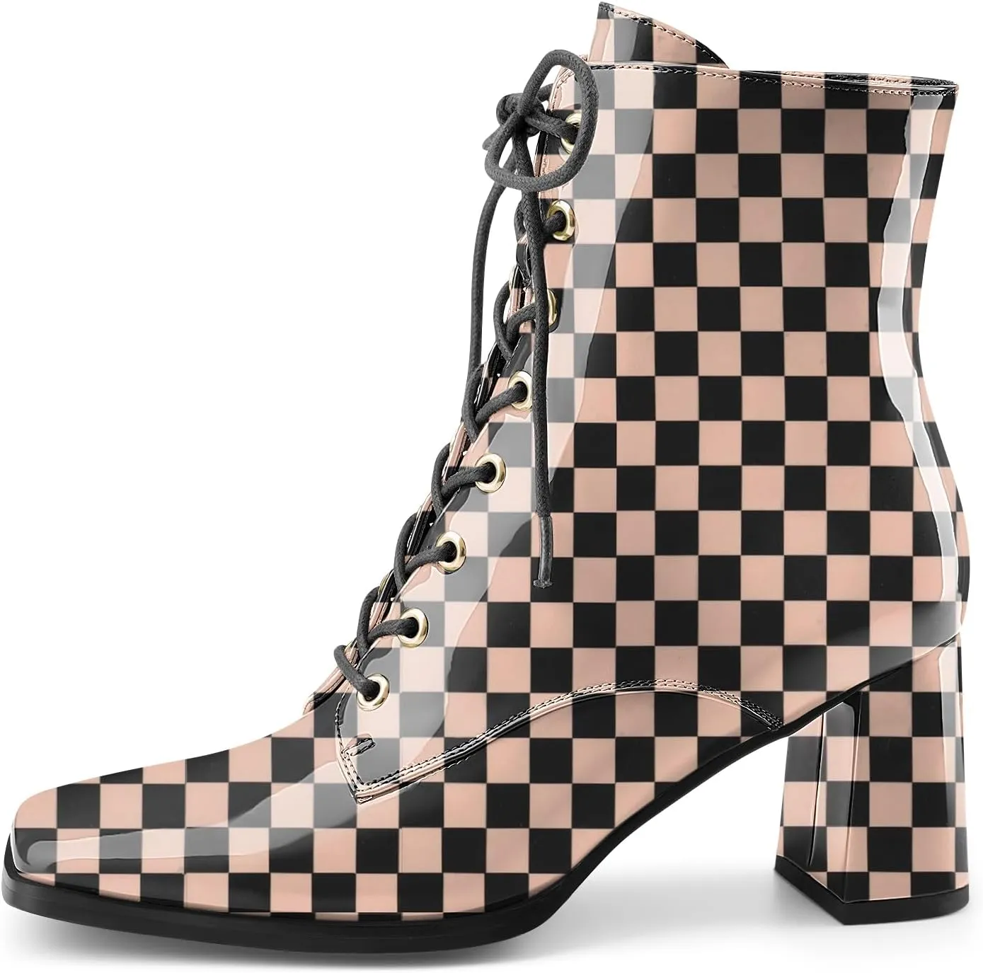 Oh Mispares Women's Chunky Heel Ankle Boots Square Toe Lace-up Chunky Block Heeled Side Zipper Short Booties Comfortable Walking Boot Shoes