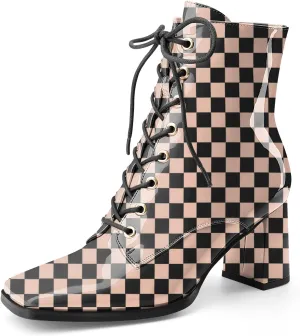 Oh Mispares Women's Chunky Heel Ankle Boots Square Toe Lace-up Chunky Block Heeled Side Zipper Short Booties Comfortable Walking Boot Shoes