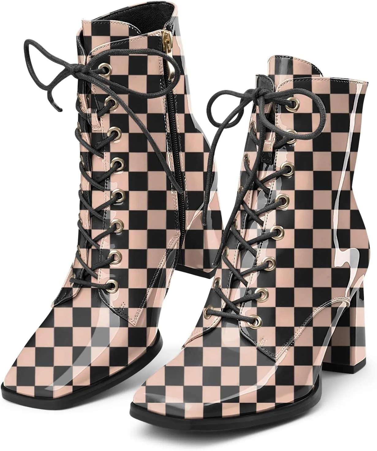 Oh Mispares Women's Chunky Heel Ankle Boots Square Toe Lace-up Chunky Block Heeled Side Zipper Short Booties Comfortable Walking Boot Shoes