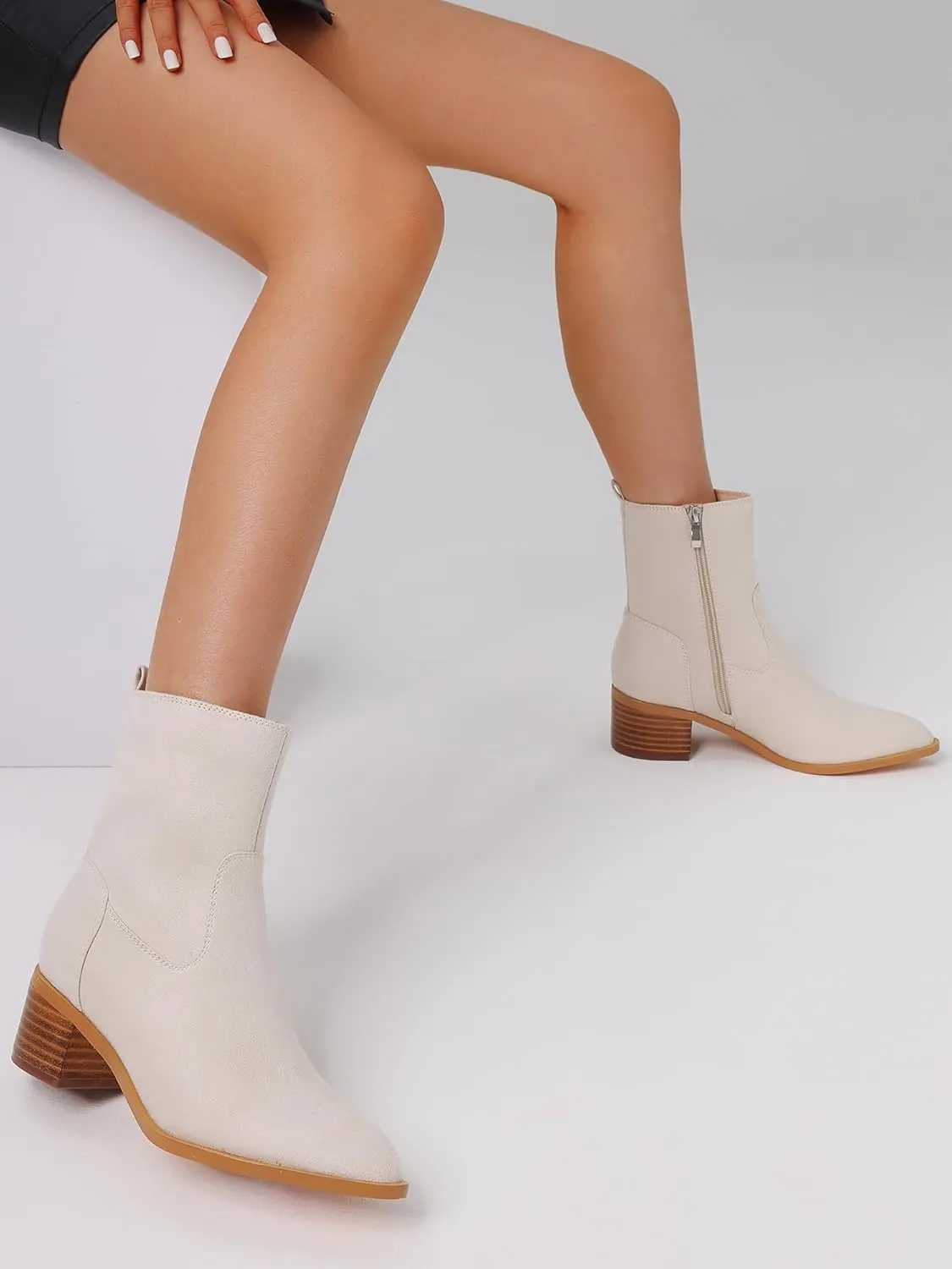 Oiamenne Women's Ankle Boots Pointed Toe Low Chunky Heel Ankle Booties Side Zipper Short Boots
