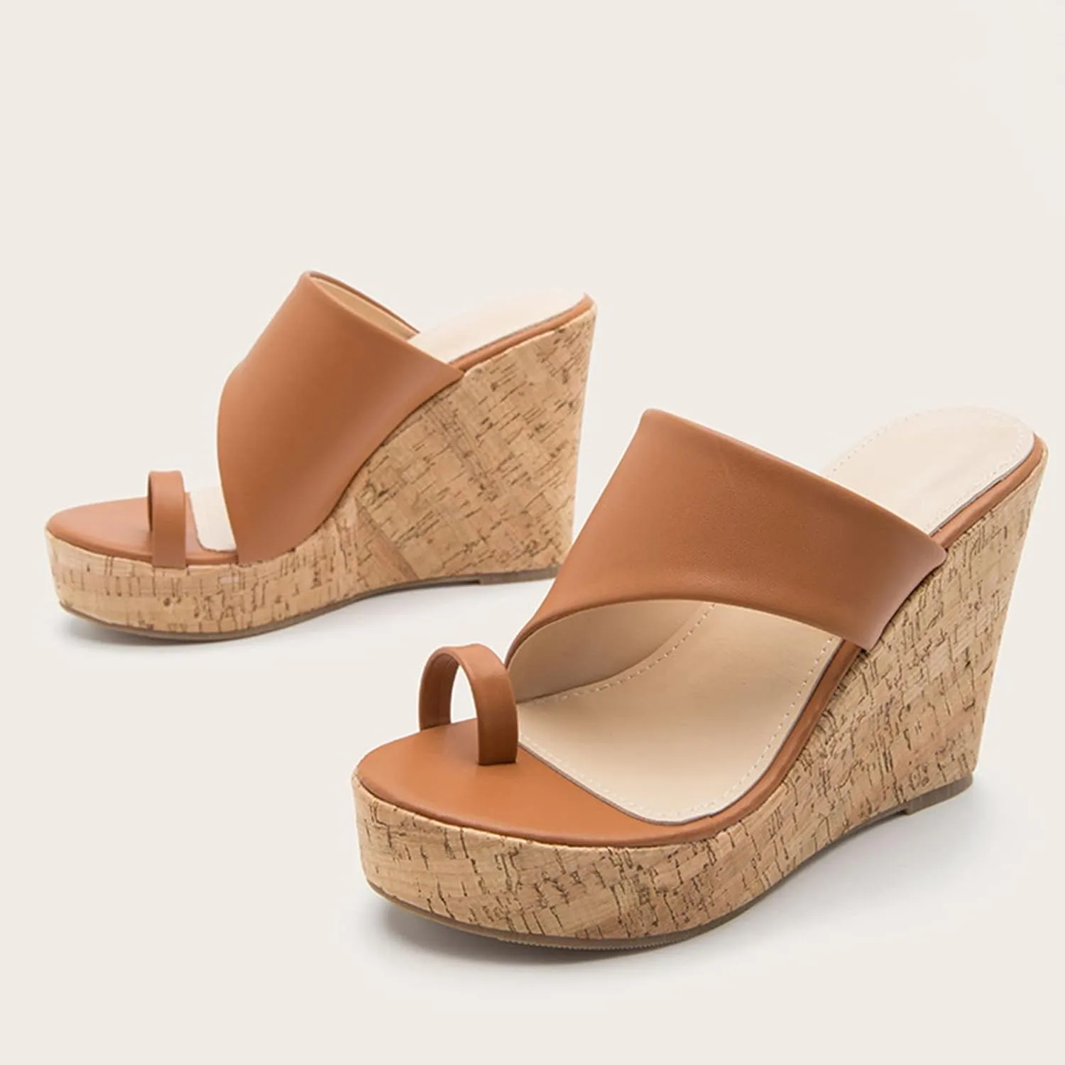 oiangi Chunky Sandals for Women High Heels Summer Casual Toe Ring Open Toe Slip-on Imitation Wood Wedge Platform Flip Flops Comfy Outdoor Ladies Shoes Slipper