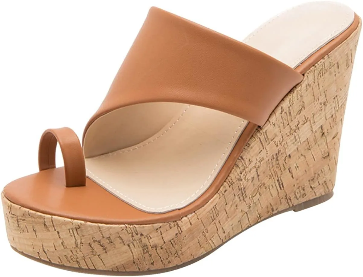 oiangi Chunky Sandals for Women High Heels Summer Casual Toe Ring Open Toe Slip-on Imitation Wood Wedge Platform Flip Flops Comfy Outdoor Ladies Shoes Slipper