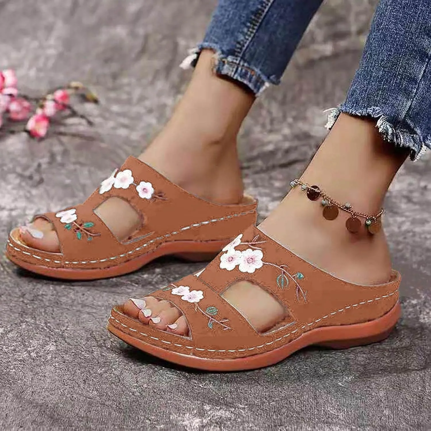 oiangi Women's Sandals Comfortable Wedge Sandals with Arch Support Summer Casual Fish Mouth Open Toe Slip-on Slipper Flower Hollow Platform Slides Flip Flops