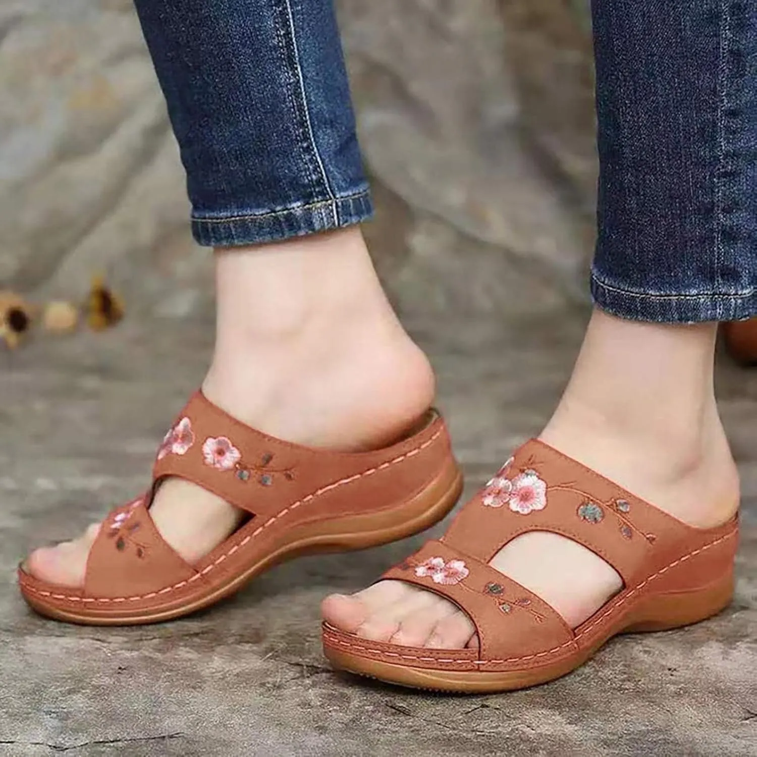 oiangi Women's Sandals Comfortable Wedge Sandals with Arch Support Summer Casual Fish Mouth Open Toe Slip-on Slipper Flower Hollow Platform Slides Flip Flops