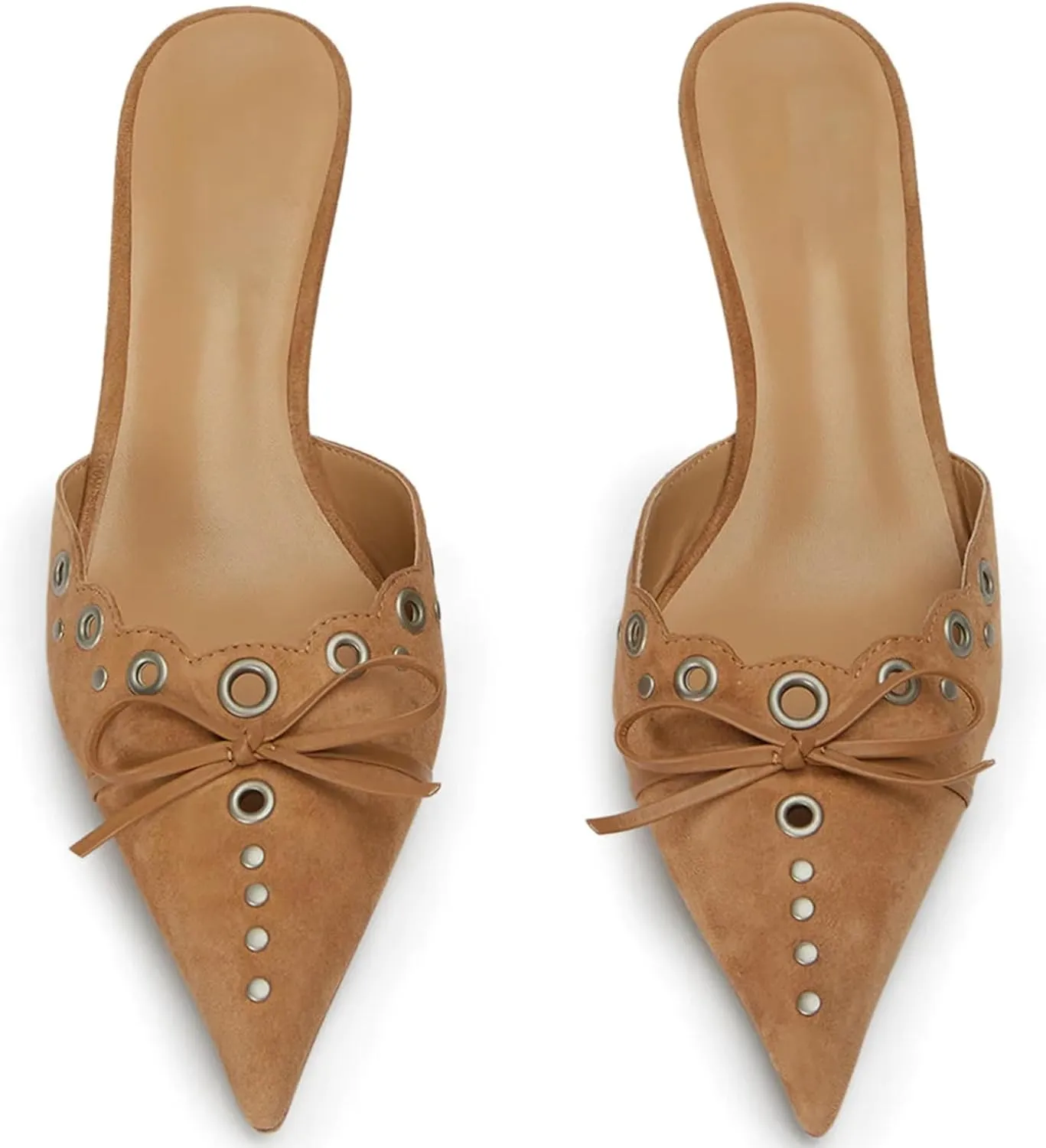 olomisa Womens Kitten Heels, Bow Studded Heeled Mules Pointed Toe Low Heel Sandals Suede Leather Slip on Kitten Heel Pumps