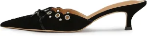 olomisa Womens Kitten Heels, Bow Studded Heeled Mules Pointed Toe Low Heel Sandals Suede Leather Slip on Kitten Heel Pumps