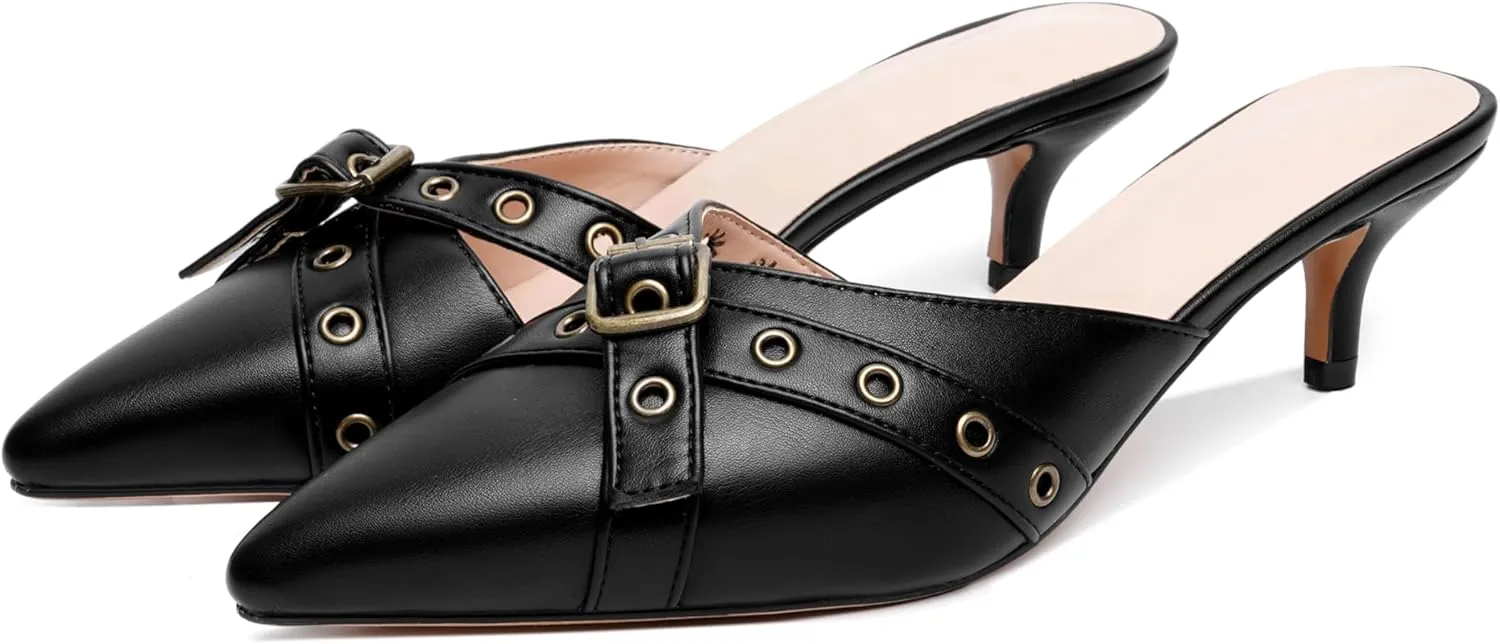 olomisa Womens Kitten Heels, Bow Studded Heeled Mules Pointed Toe Low Heel Sandals Suede Leather Slip on Kitten Heel Pumps