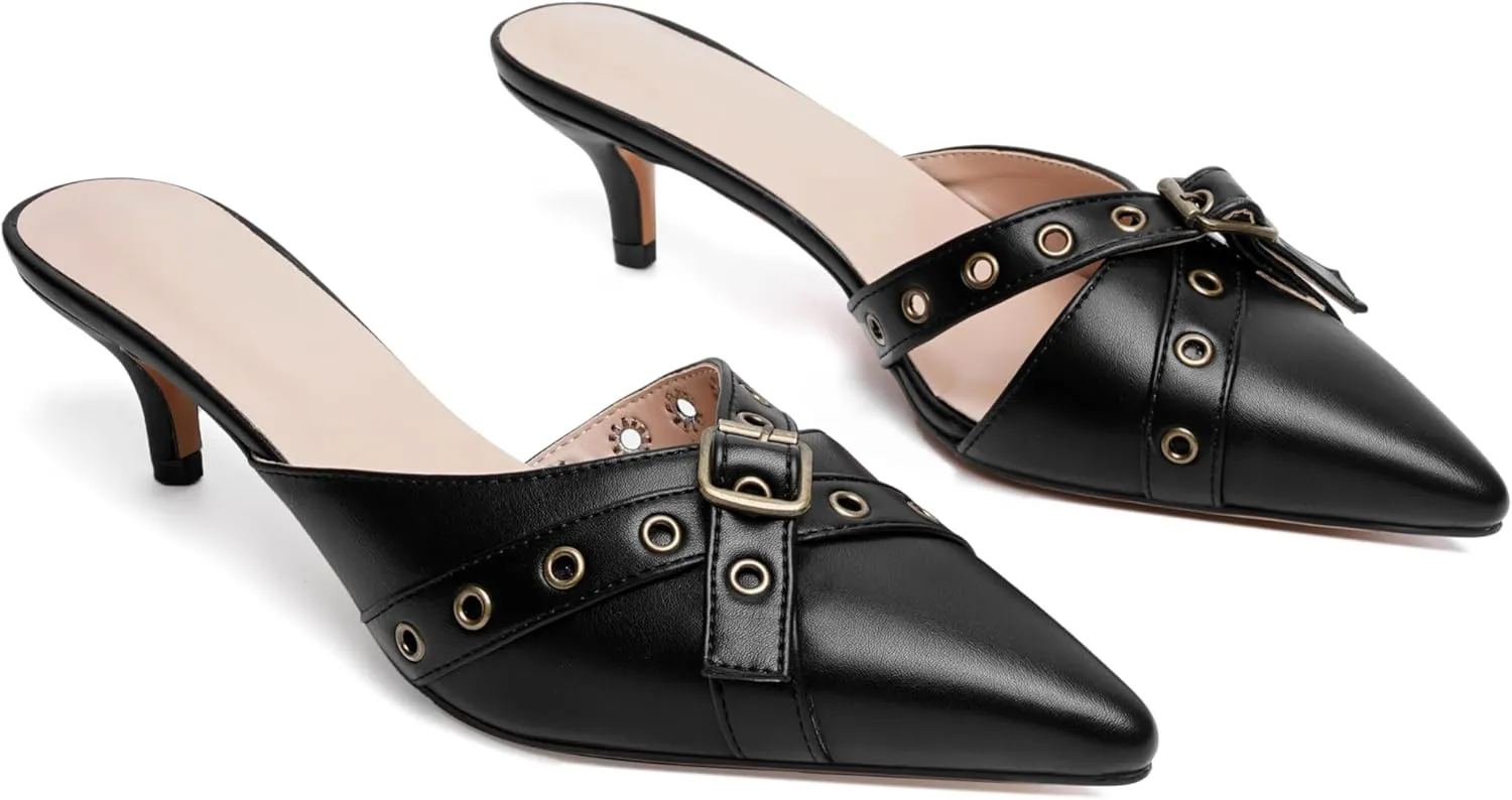 olomisa Womens Kitten Heels, Bow Studded Heeled Mules Pointed Toe Low Heel Sandals Suede Leather Slip on Kitten Heel Pumps