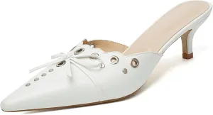 olomisa Womens Kitten Heels, Bow Studded Heeled Mules Pointed Toe Low Heel Sandals Suede Leather Slip on Kitten Heel Pumps