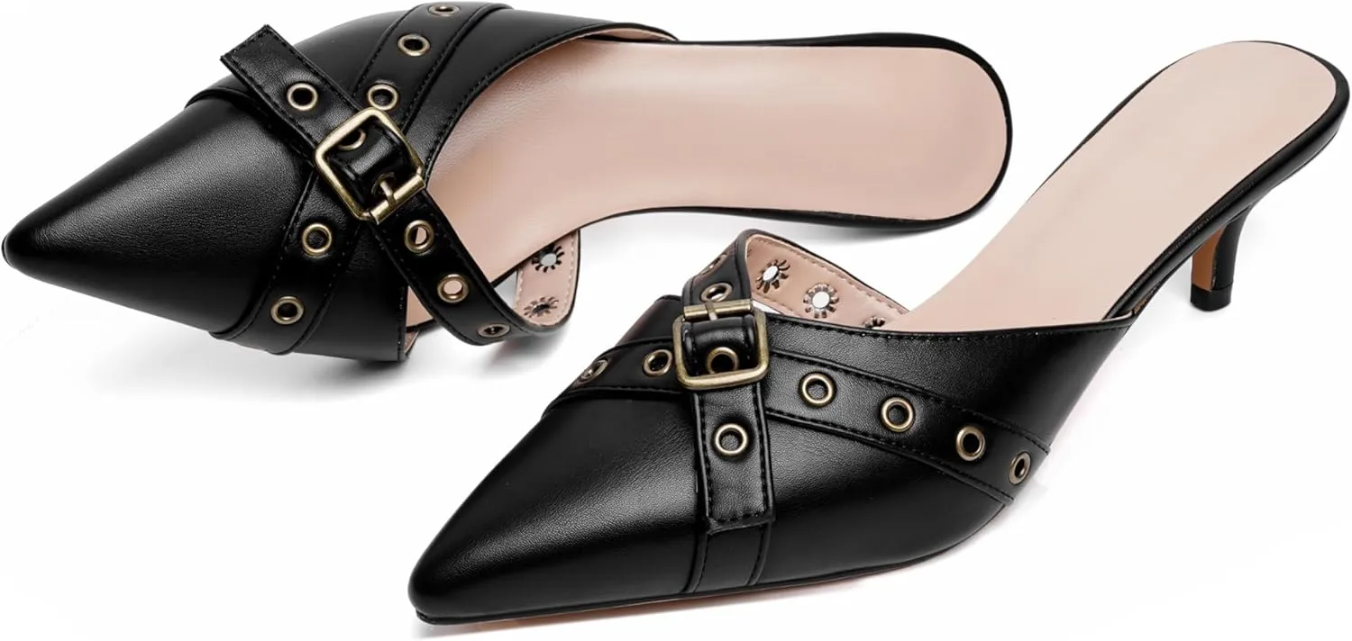 olomisa Womens Kitten Heels, Bow Studded Heeled Mules Pointed Toe Low Heel Sandals Suede Leather Slip on Kitten Heel Pumps