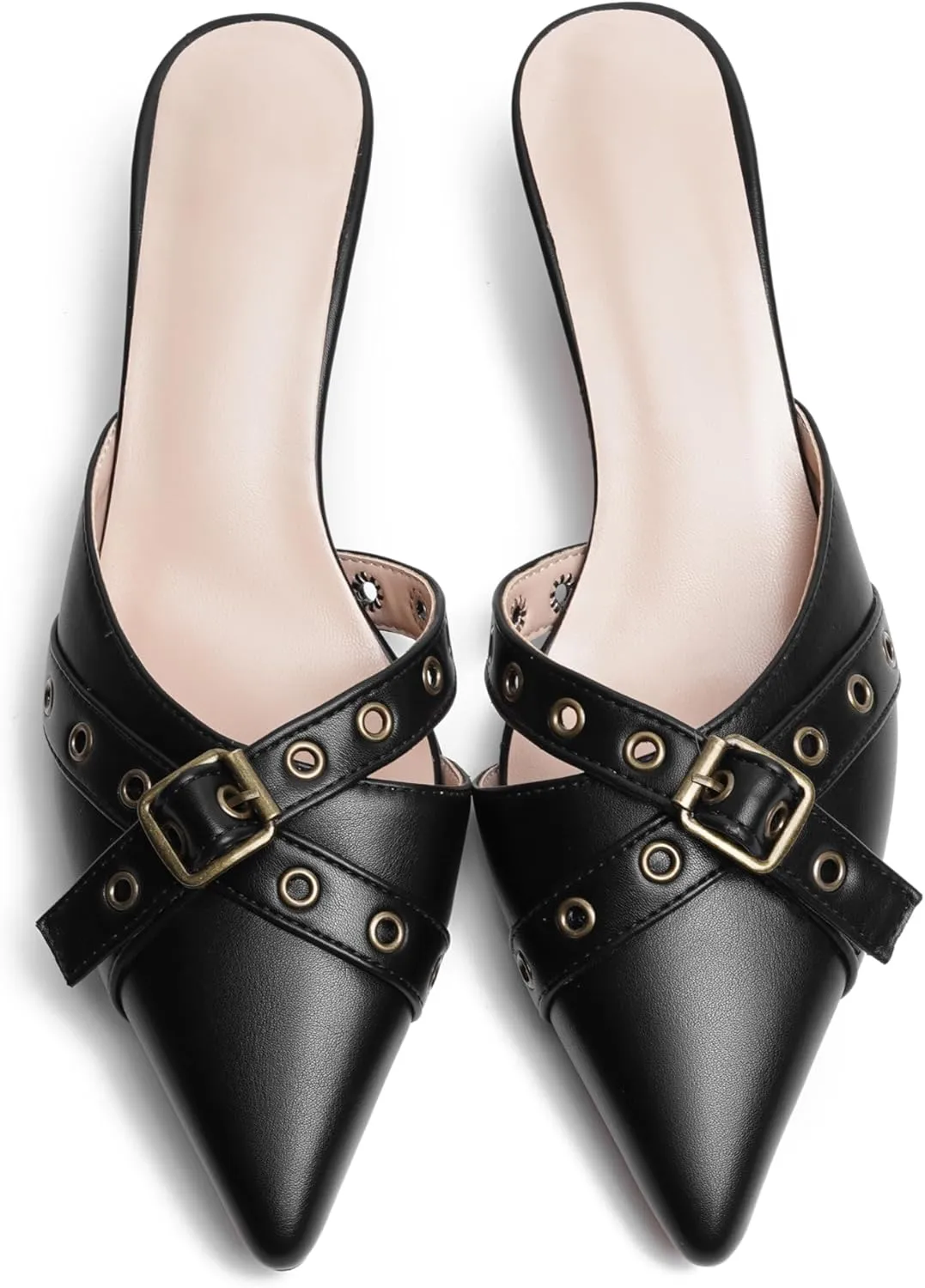 olomisa Womens Kitten Heels, Bow Studded Heeled Mules Pointed Toe Low Heel Sandals Suede Leather Slip on Kitten Heel Pumps