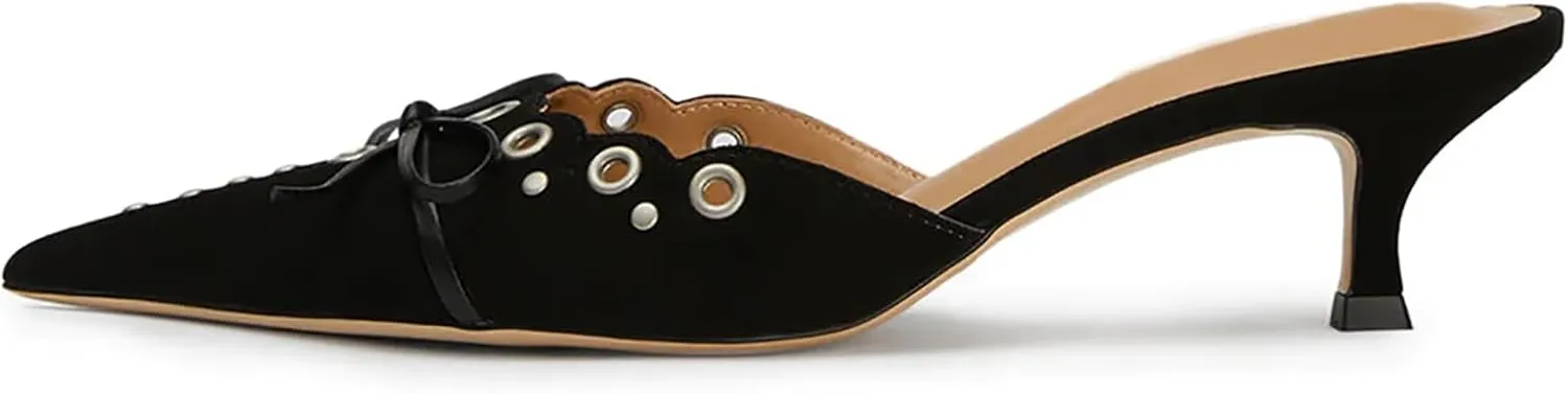 olomisa Womens Kitten Heels, Bow Studded Heeled Mules Pointed Toe Low Heel Sandals Suede Leather Slip on Kitten Heel Pumps