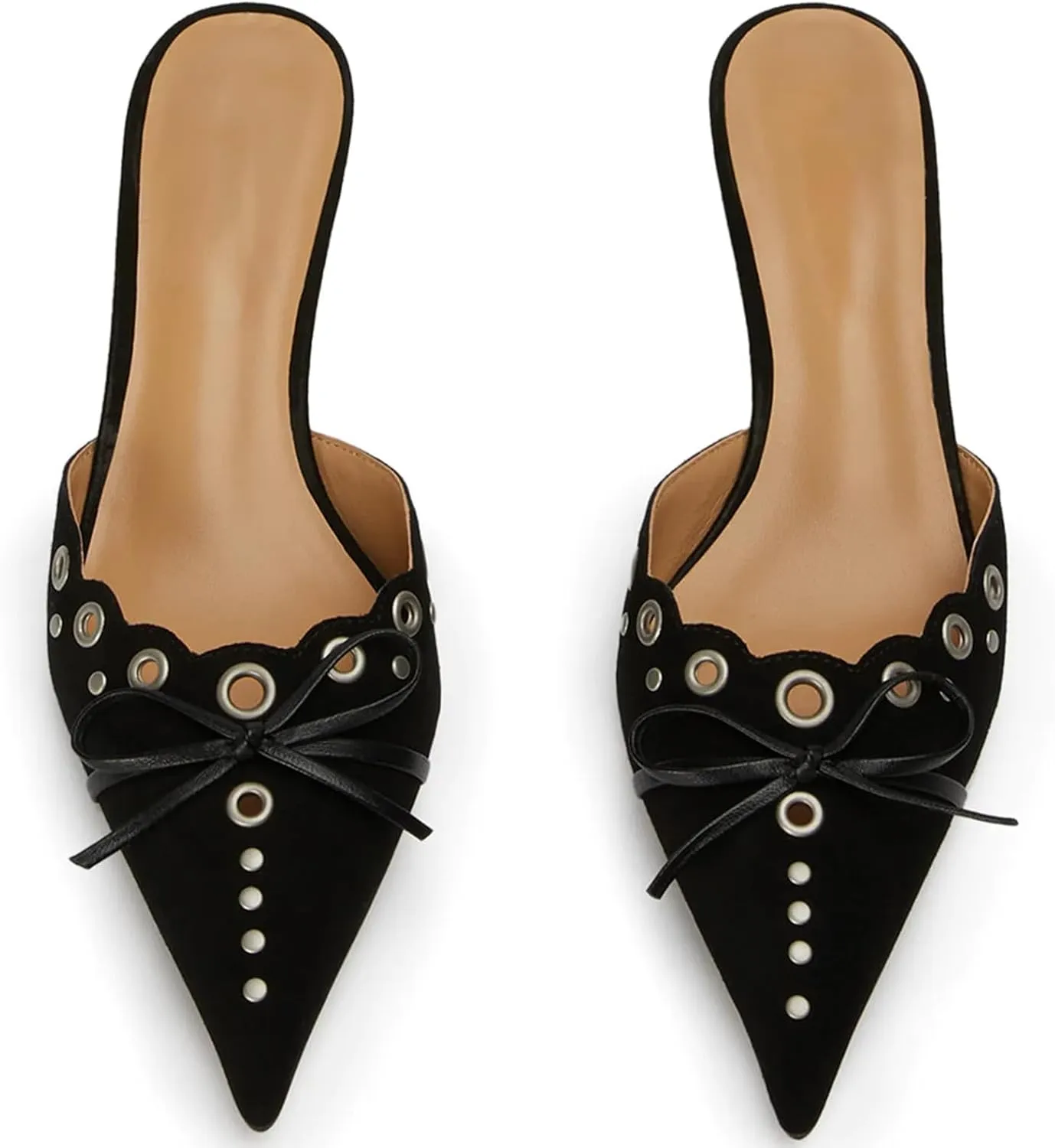 olomisa Womens Kitten Heels, Bow Studded Heeled Mules Pointed Toe Low Heel Sandals Suede Leather Slip on Kitten Heel Pumps
