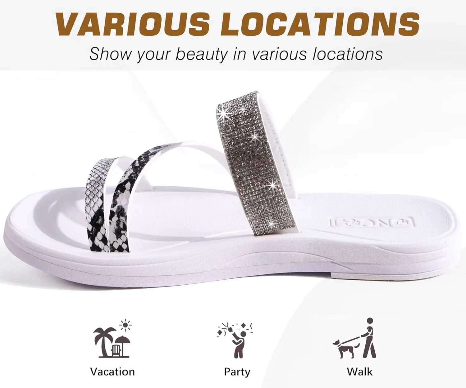 ONCAI Women's Flat Sandals Summer Dressy Casual Sandals Women Fashion Rhinestone Square Toe Slip On Ladies Slides Comfortable Cushion Footbed Beach Flat Sandal For Woman Size 6-11
