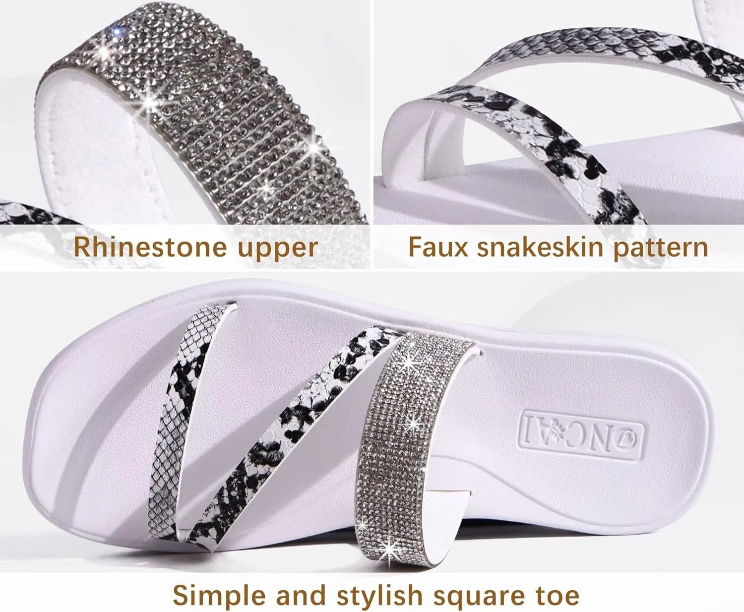 ONCAI Women's Flat Sandals Summer Dressy Casual Sandals Women Fashion Rhinestone Square Toe Slip On Ladies Slides Comfortable Cushion Footbed Beach Flat Sandal For Woman Size 6-11