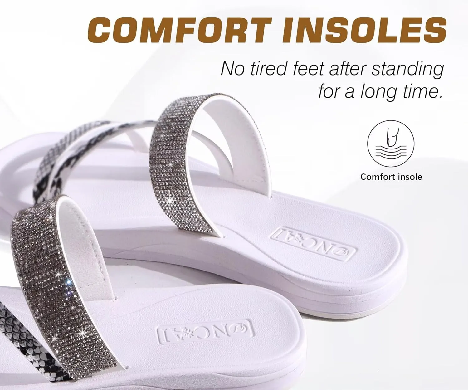 ONCAI Women's Flat Sandals Summer Dressy Casual Sandals Women Fashion Rhinestone Square Toe Slip On Ladies Slides Comfortable Cushion Footbed Beach Flat Sandal For Woman Size 6-11