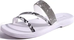 ONCAI Women's Flat Sandals Summer Dressy Casual Sandals Women Fashion Rhinestone Square Toe Slip On Ladies Slides Comfortable Cushion Footbed Beach Flat Sandal For Woman Size 6-11