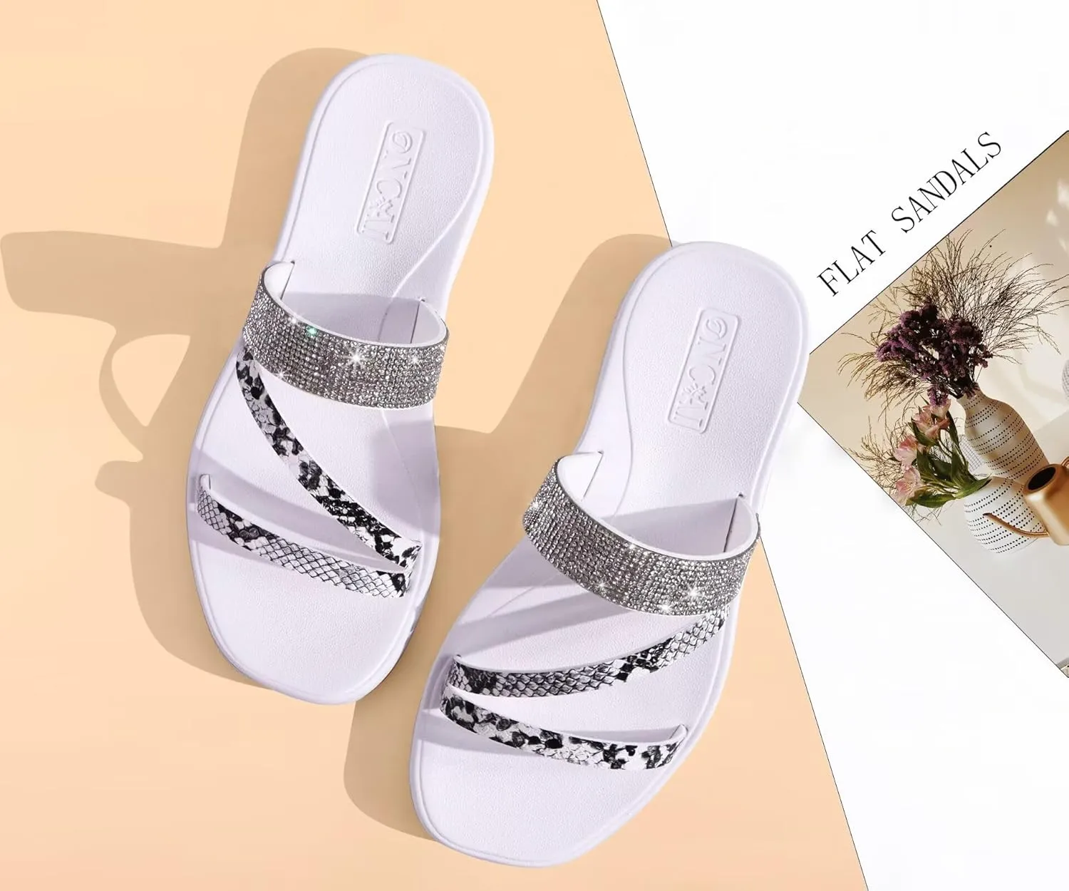 ONCAI Women's Flat Sandals Summer Dressy Casual Sandals Women Fashion Rhinestone Square Toe Slip On Ladies Slides Comfortable Cushion Footbed Beach Flat Sandal For Woman Size 6-11