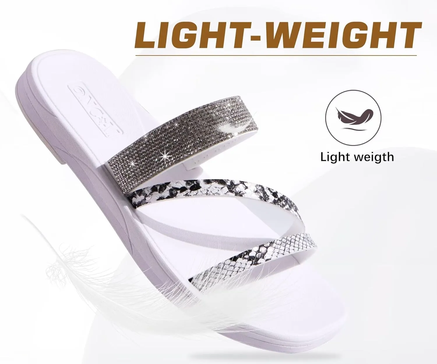 ONCAI Women's Flat Sandals Summer Dressy Casual Sandals Women Fashion Rhinestone Square Toe Slip On Ladies Slides Comfortable Cushion Footbed Beach Flat Sandal For Woman Size 6-11