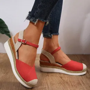 Orthopedic Platform Wedge Sandals for Women Summer Dressy 2023 Flat Open Toe Ankle Strap Espadrilles Sandals Casual Strappy Slip on Sandals Beach Boho Sandals Comfortable Outdoor Shoes (1-Red, 7)