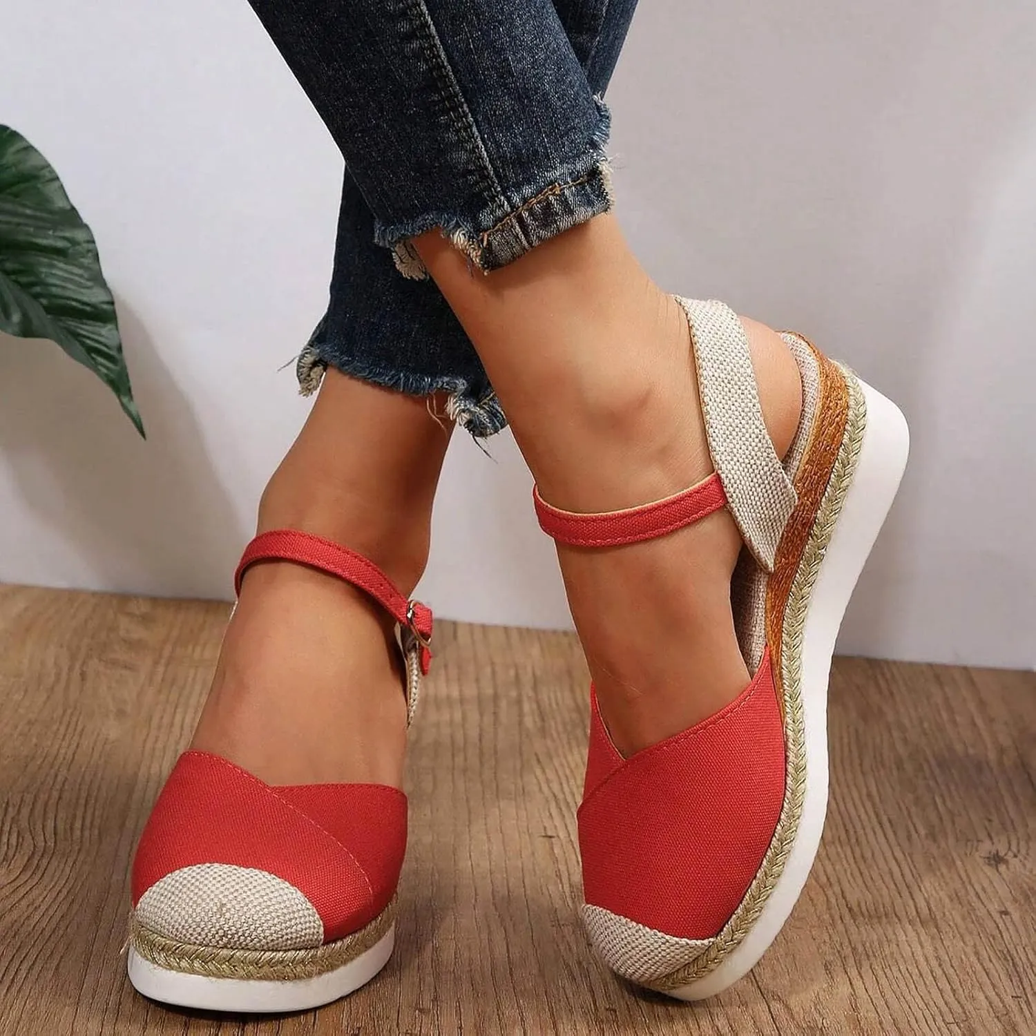 Orthopedic Platform Wedge Sandals for Women Summer Dressy 2023 Flat Open Toe Ankle Strap Espadrilles Sandals Casual Strappy Slip on Sandals Beach Boho Sandals Comfortable Outdoor Shoes (1-Red, 7)