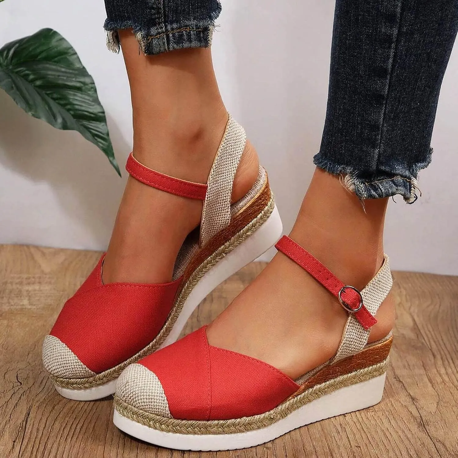 Orthopedic Platform Wedge Sandals for Women Summer Dressy 2023 Flat Open Toe Ankle Strap Espadrilles Sandals Casual Strappy Slip on Sandals Beach Boho Sandals Comfortable Outdoor Shoes (1-Red, 7)
