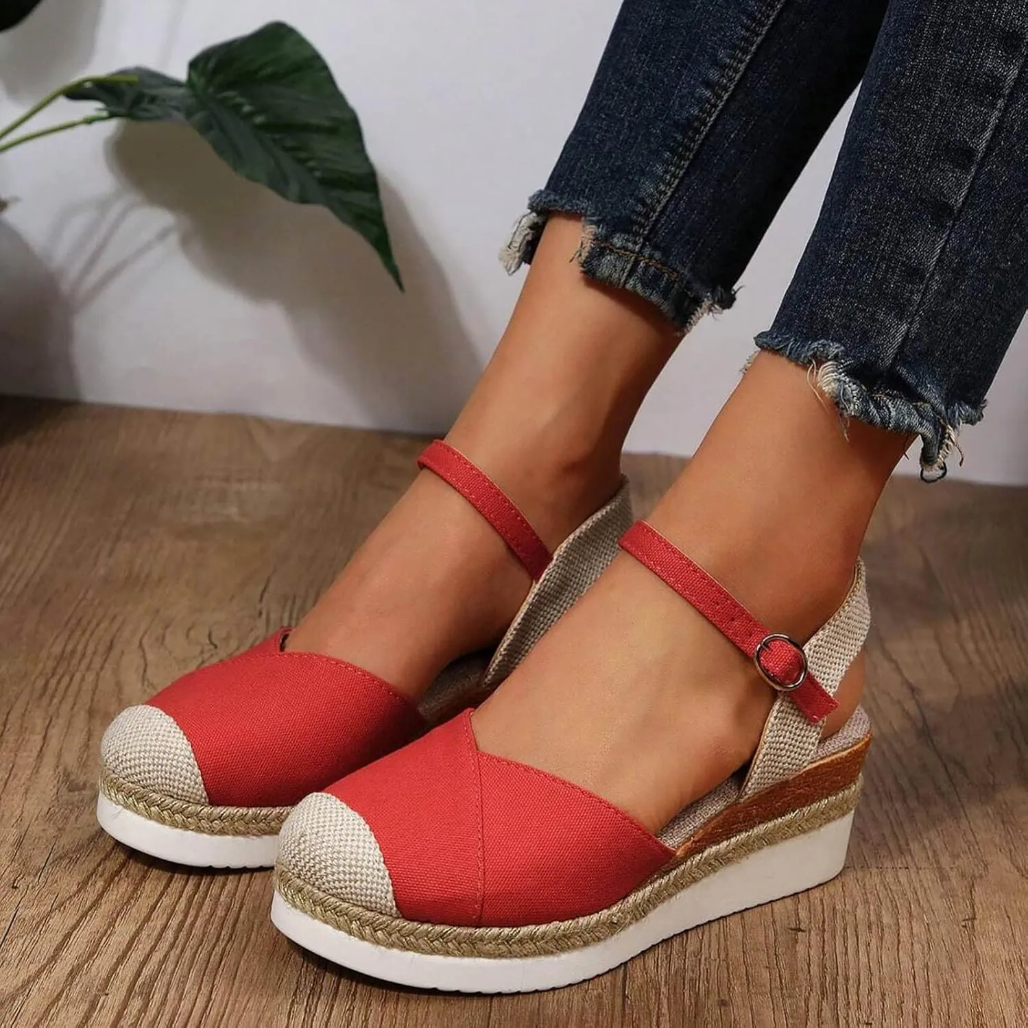 Orthopedic Platform Wedge Sandals for Women Summer Dressy 2023 Flat Open Toe Ankle Strap Espadrilles Sandals Casual Strappy Slip on Sandals Beach Boho Sandals Comfortable Outdoor Shoes (1-Red, 7)