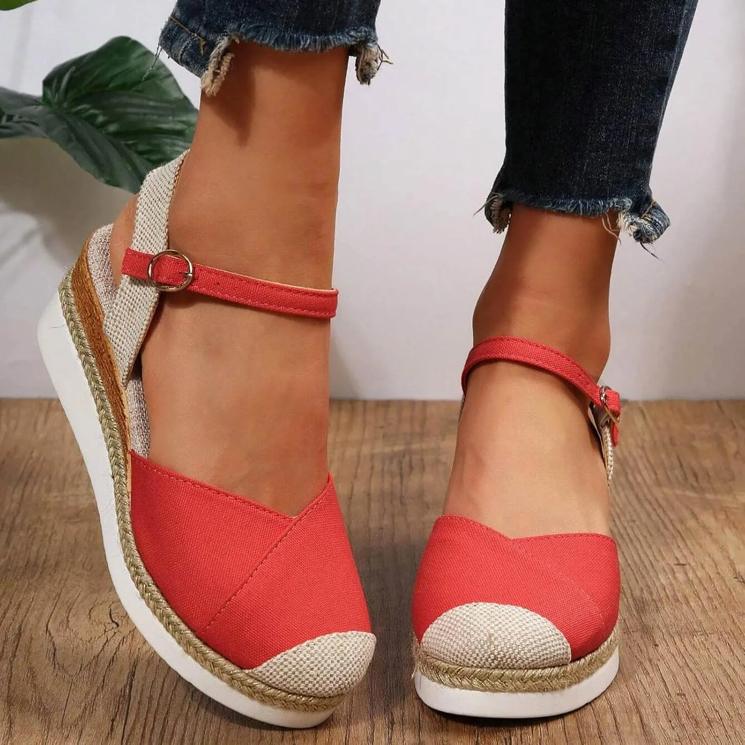 Orthopedic Platform Wedge Sandals for Women Summer Dressy 2023 Flat Open Toe Ankle Strap Espadrilles Sandals Casual Strappy Slip on Sandals Beach Boho Sandals Comfortable Outdoor Shoes (1-Red, 7)