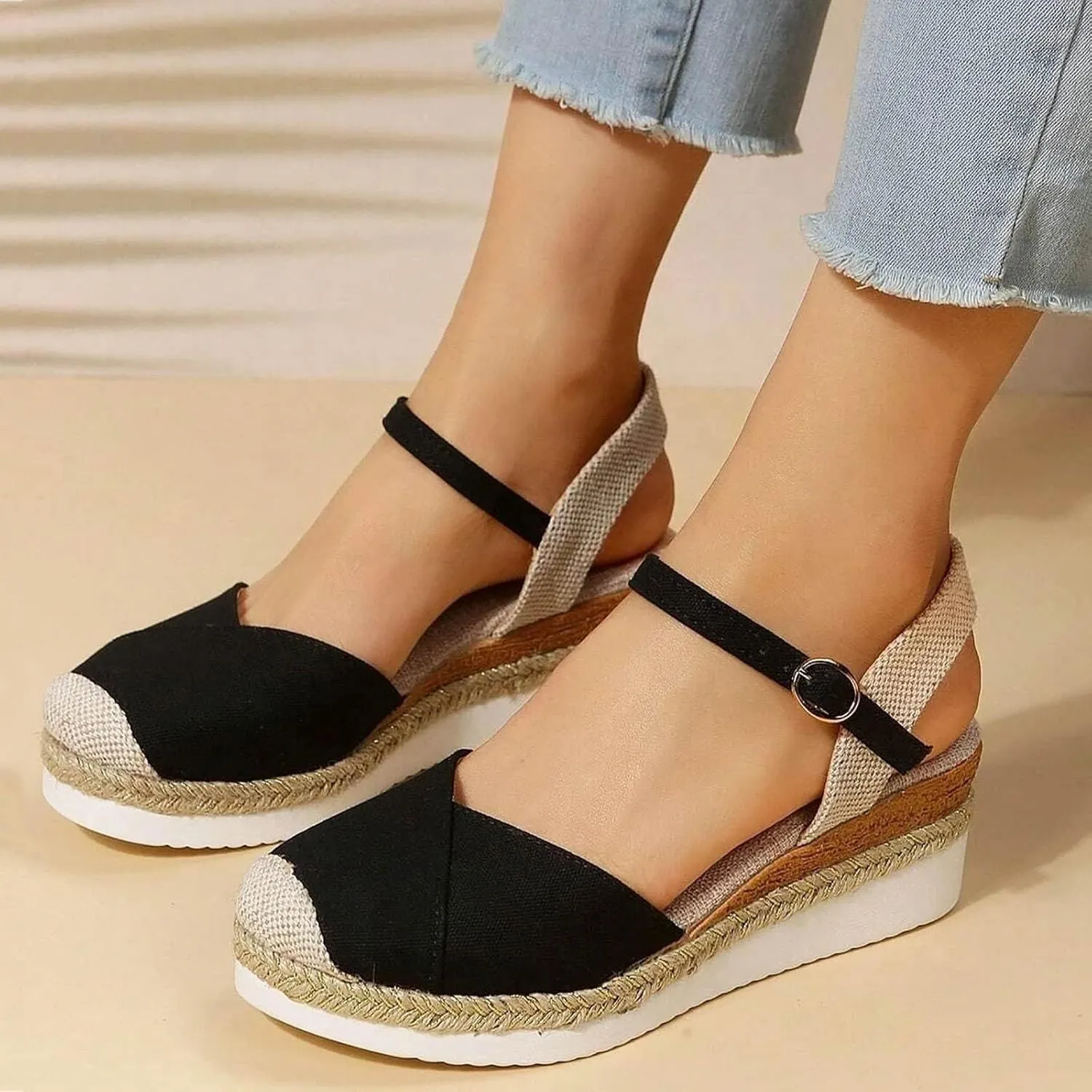 Orthopedic Shoes for Women Closed Toe Platform Heels Sandals Summer Dressy Flats Ankle Strap Espadrilles Wedge Sandal Adjustable Buckle Flat Shoe Boho Beach Slippers Comfortable Walking Outdoor Shoe