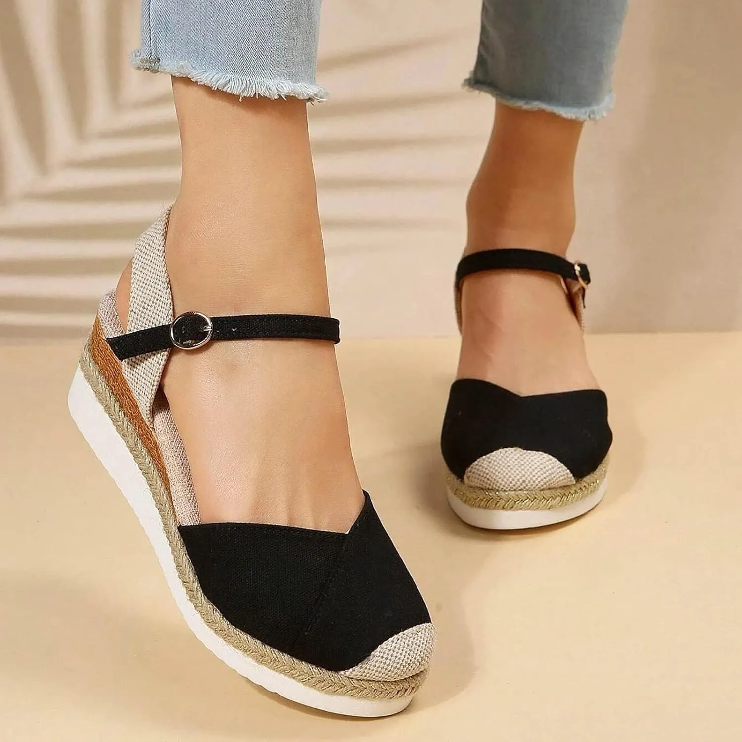 Orthopedic Shoes for Women Closed Toe Platform Heels Sandals Summer Dressy Flats Ankle Strap Espadrilles Wedge Sandal Adjustable Buckle Flat Shoe Boho Beach Slippers Comfortable Walking Outdoor Shoe