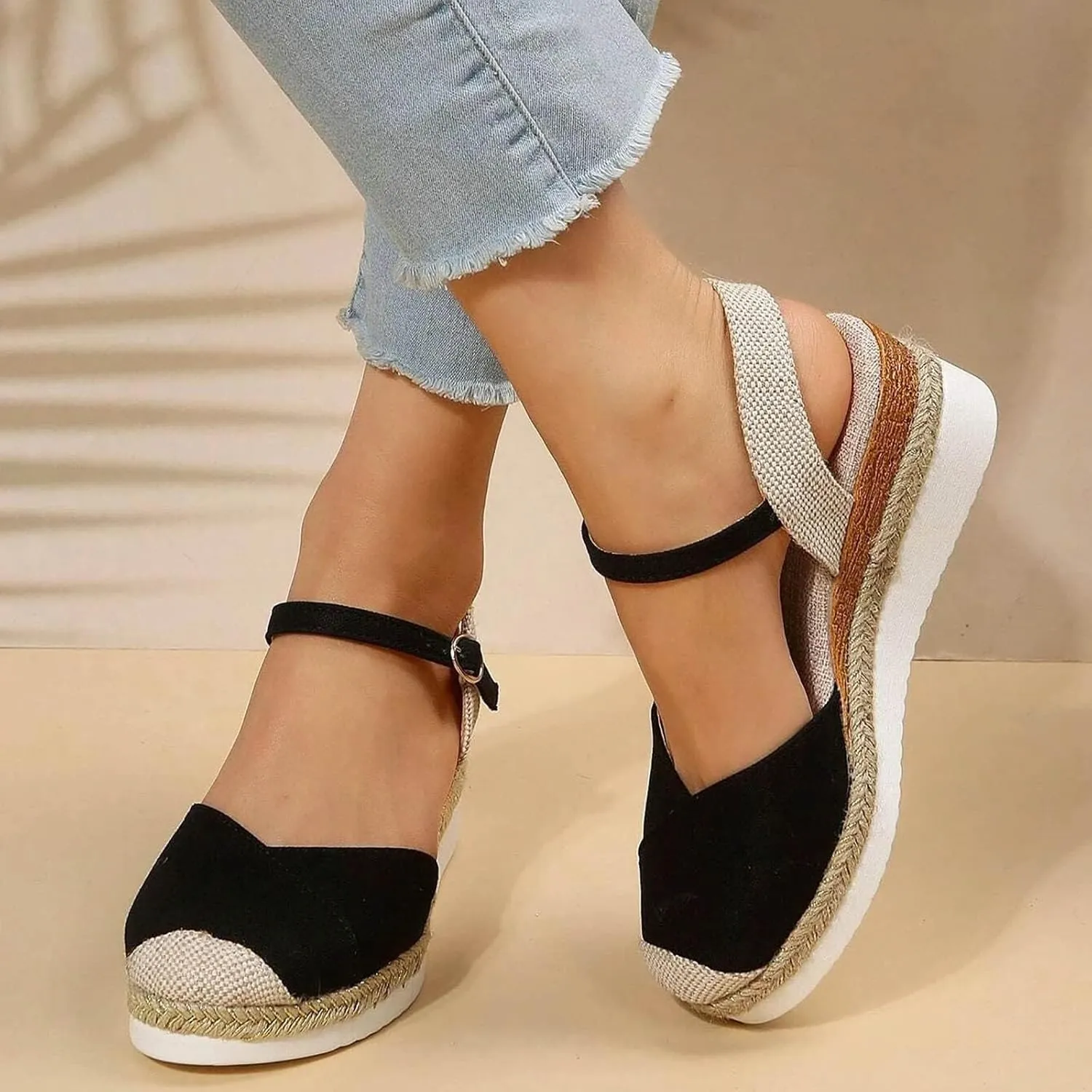 Orthopedic Shoes for Women Closed Toe Platform Heels Sandals Summer Dressy Flats Ankle Strap Espadrilles Wedge Sandal Adjustable Buckle Flat Shoe Boho Beach Slippers Comfortable Walking Outdoor Shoe