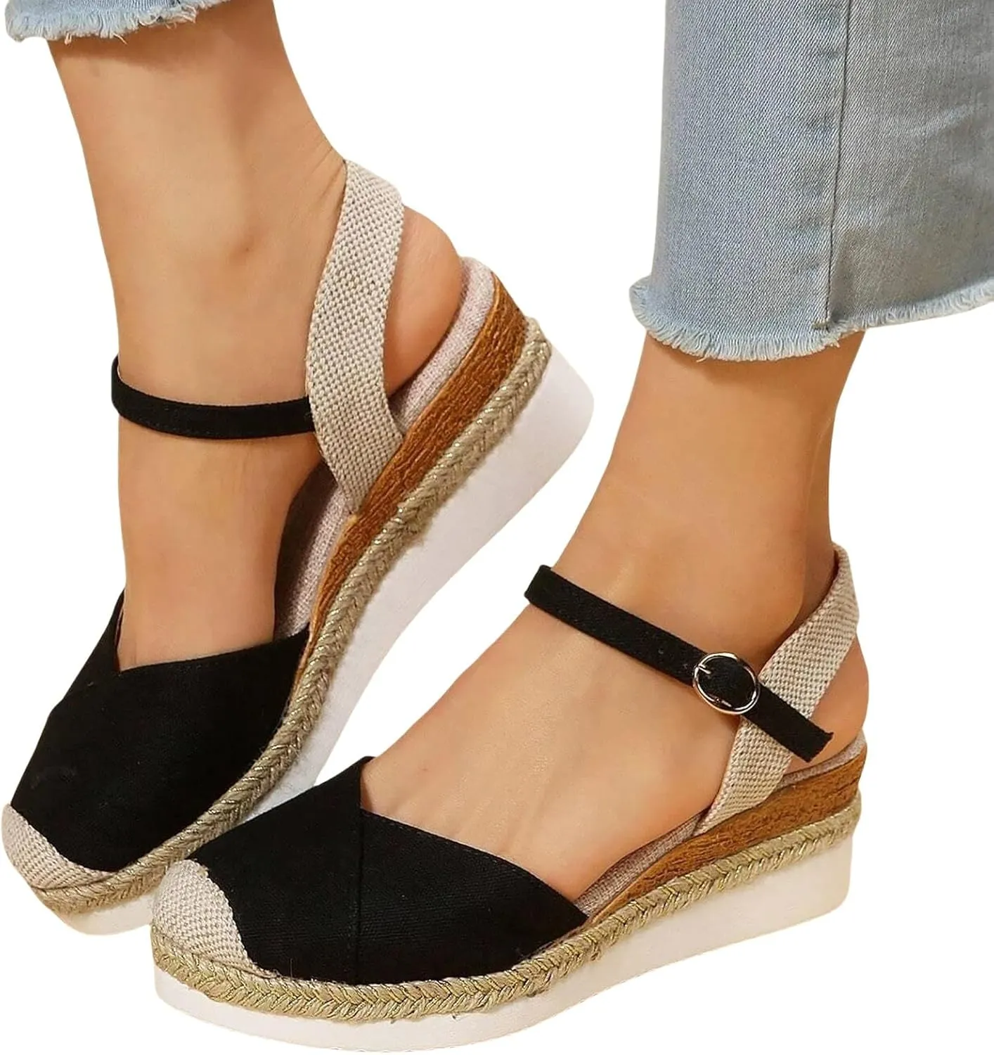Orthopedic Shoes for Women Closed Toe Platform Heels Sandals Summer Dressy Flats Ankle Strap Espadrilles Wedge Sandal Adjustable Buckle Flat Shoe Boho Beach Slippers Comfortable Walking Outdoor Shoe