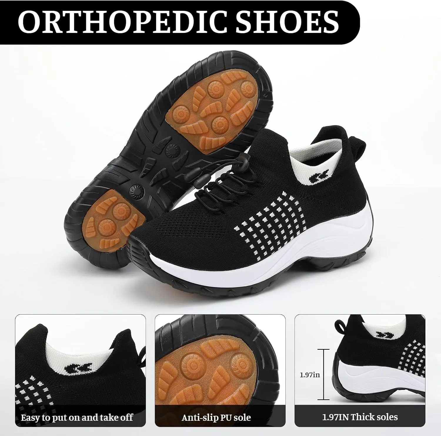 Orthopedic Shoes for Women Slip On Trainers Comfortwear Ortho Stretch Cushion Shoes Walking Shoe Modern Jazz Dance Sneakers Wedge Running Footwear Casual Platform Loafers Thick Bottom