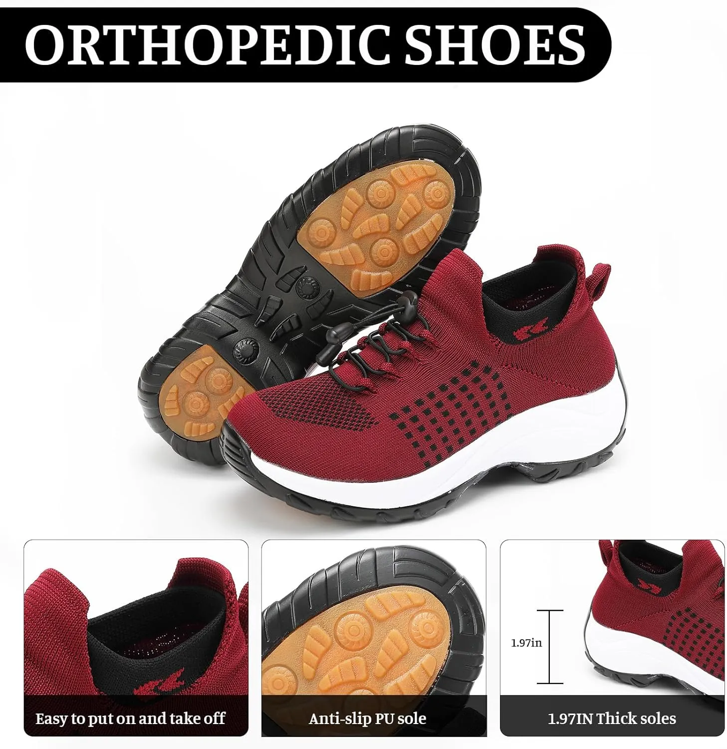 Orthopedic Shoes for Women Slip On Trainers Comfortwear Ortho Stretch Cushion Shoes Walking Shoe Modern Jazz Dance Sneakers Wedge Running Footwear Casual Platform Loafers Thick Bottom