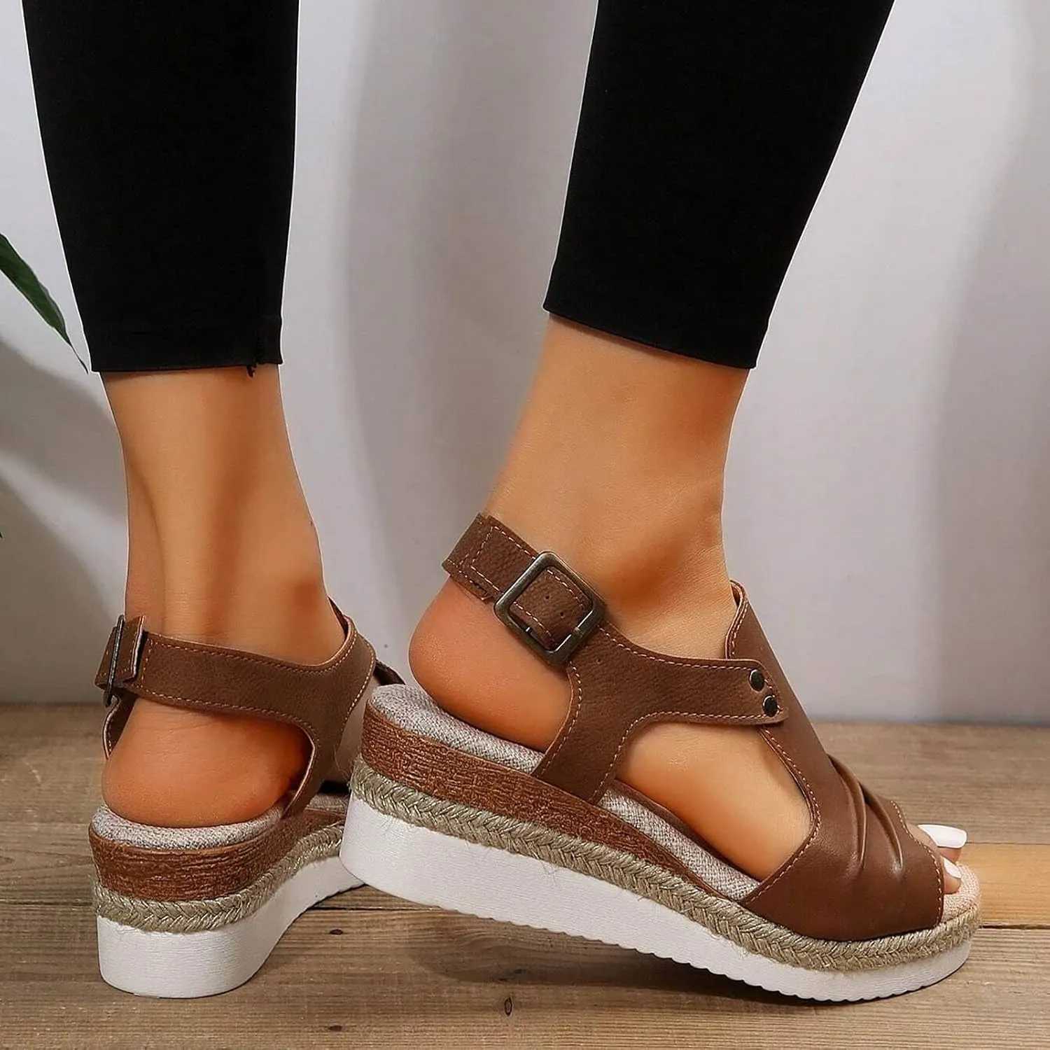 Orthopedic Wedge Sandals for Women Summer Dressy Open Toe Ankle Strap Platform Sandals Casual Strappy High Wedges Slip on Sandals Beach Sandals Dress Shoes Comfortable Outdoor Shoes (#A-Brown, 9)