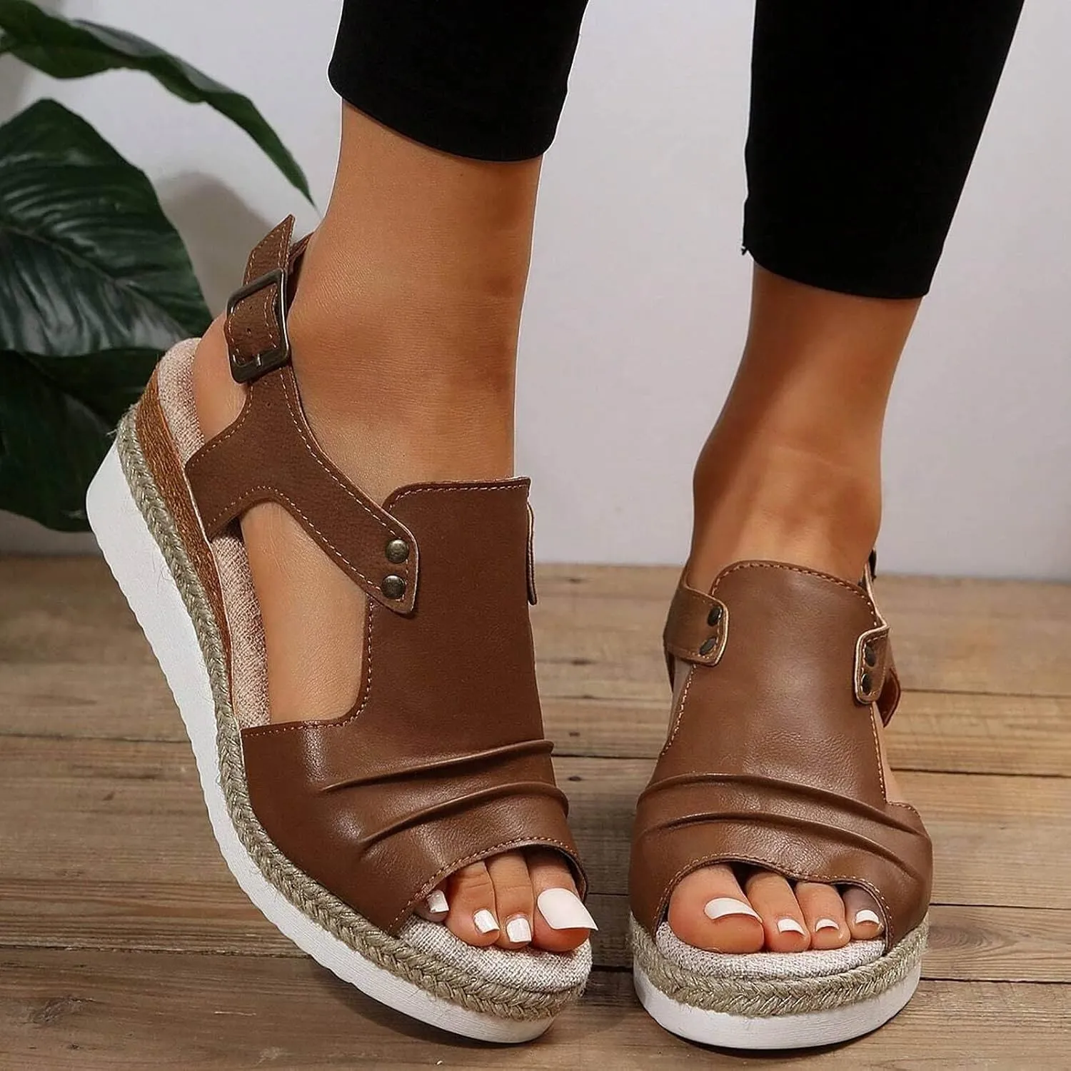 Orthopedic Wedge Sandals for Women Summer Dressy Open Toe Ankle Strap Platform Sandals Casual Strappy High Wedges Slip on Sandals Beach Sandals Dress Shoes Comfortable Outdoor Shoes (#A-Brown, 9)