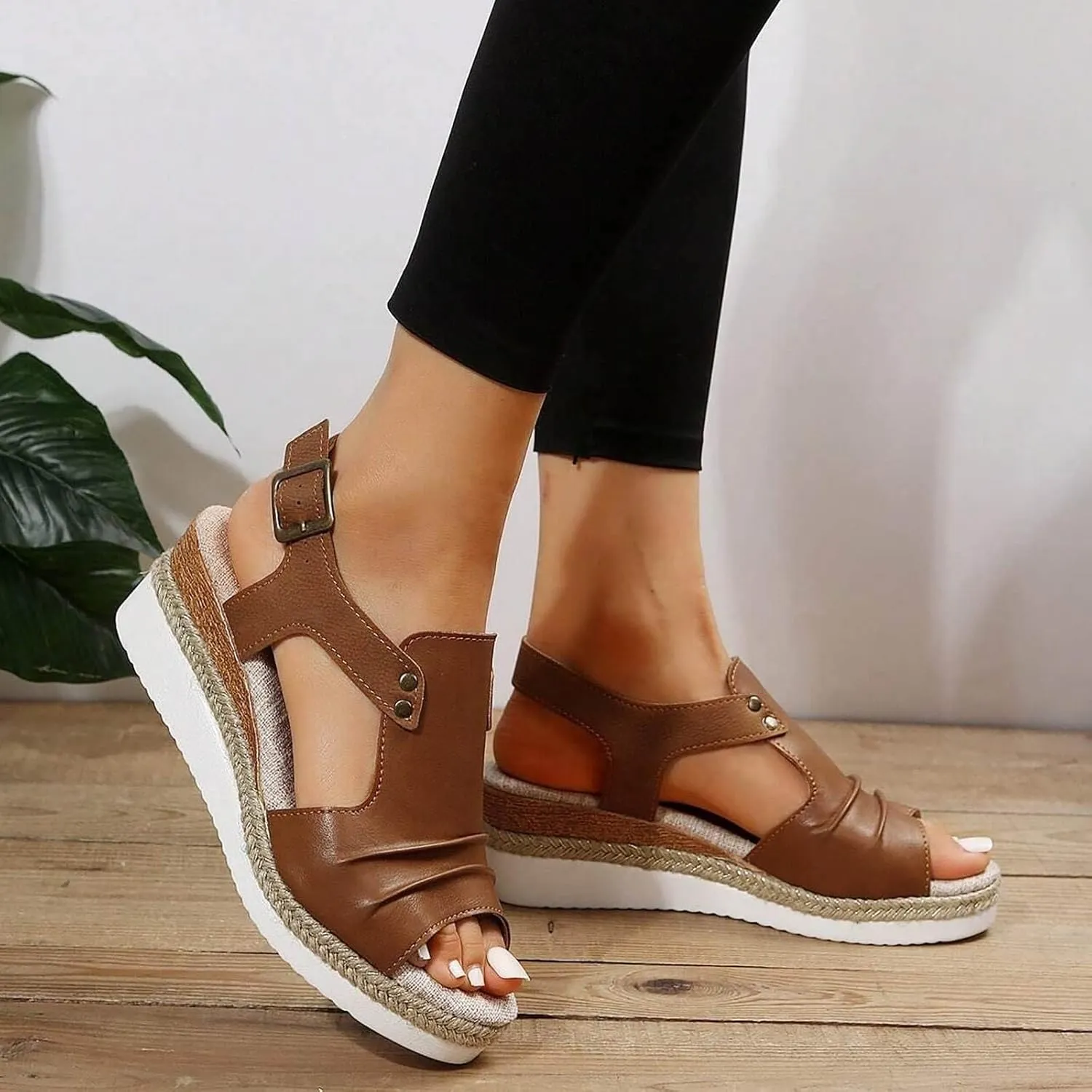 Orthopedic Wedge Sandals for Women Summer Dressy Open Toe Ankle Strap Platform Sandals Casual Strappy High Wedges Slip on Sandals Beach Sandals Dress Shoes Comfortable Outdoor Shoes (#A-Brown, 9)