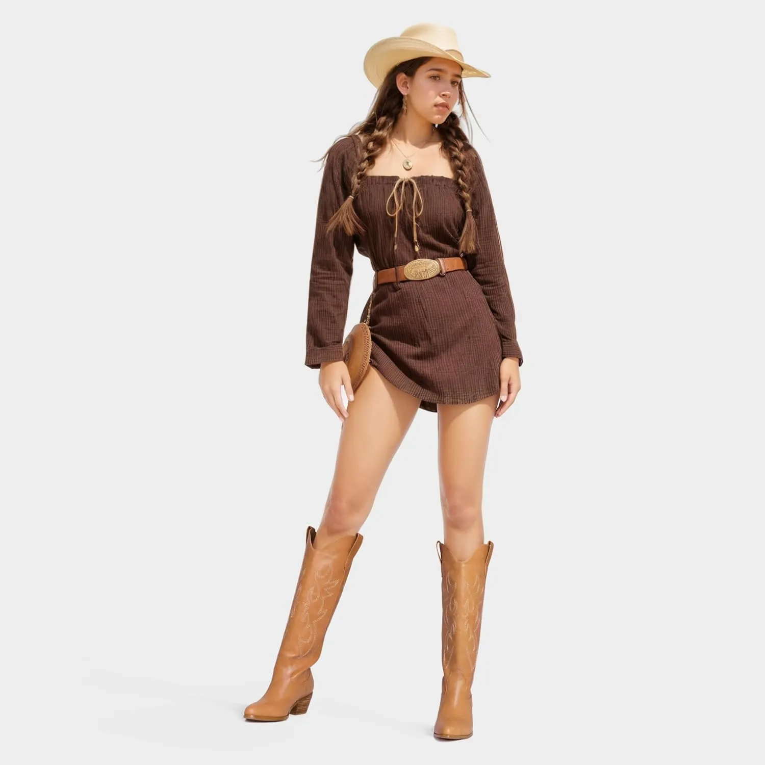Ouepiano Cowboy Boots for Women Knee High Cowgirl Boots Embroidered Chunky Heels Pointed Toe Long Tall Western Boot Pull On