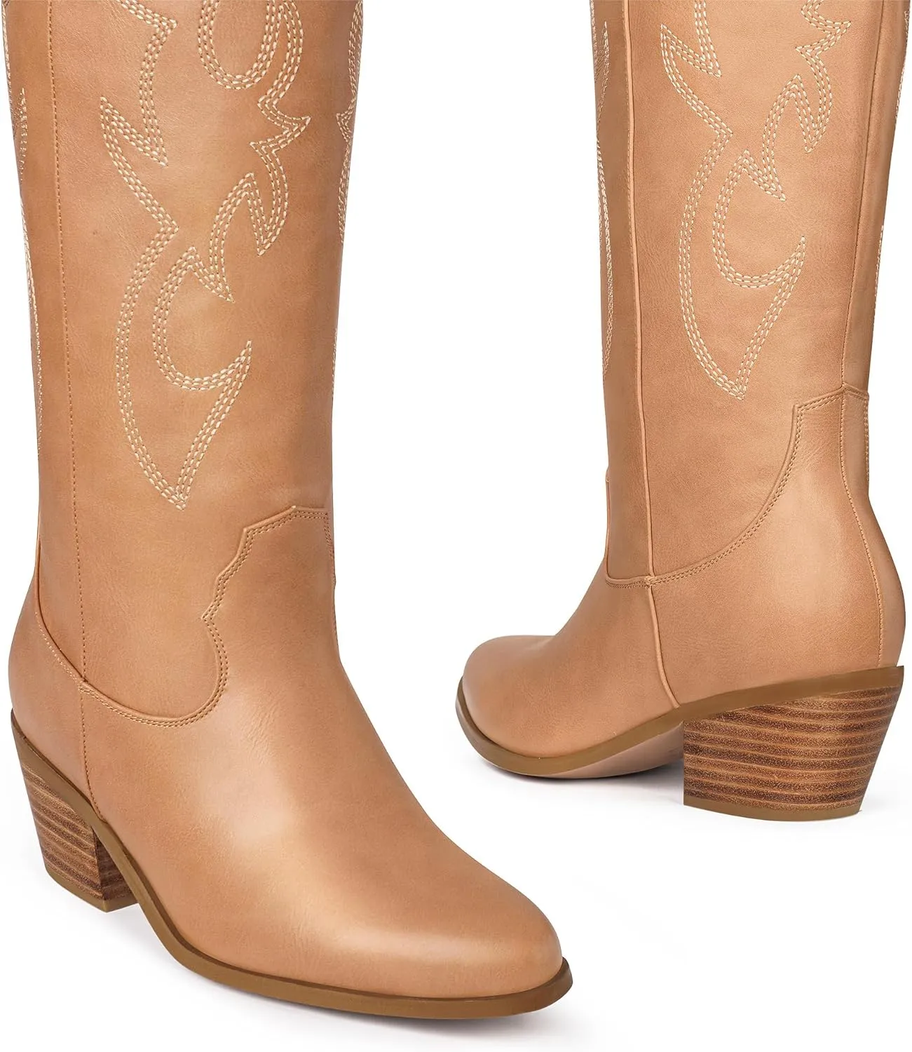 Ouepiano Cowboy Boots for Women Knee High Cowgirl Boots Embroidered Chunky Heels Pointed Toe Long Tall Western Boot Pull On