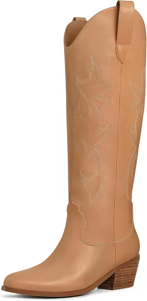 Ouepiano Cowboy Boots for Women Knee High Cowgirl Boots Embroidered Chunky Heels Pointed Toe Long Tall Western Boot Pull On