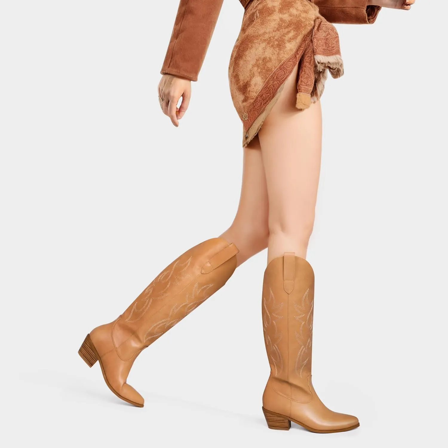 Ouepiano Cowboy Boots for Women Knee High Cowgirl Boots Embroidered Chunky Heels Pointed Toe Long Tall Western Boot Pull On