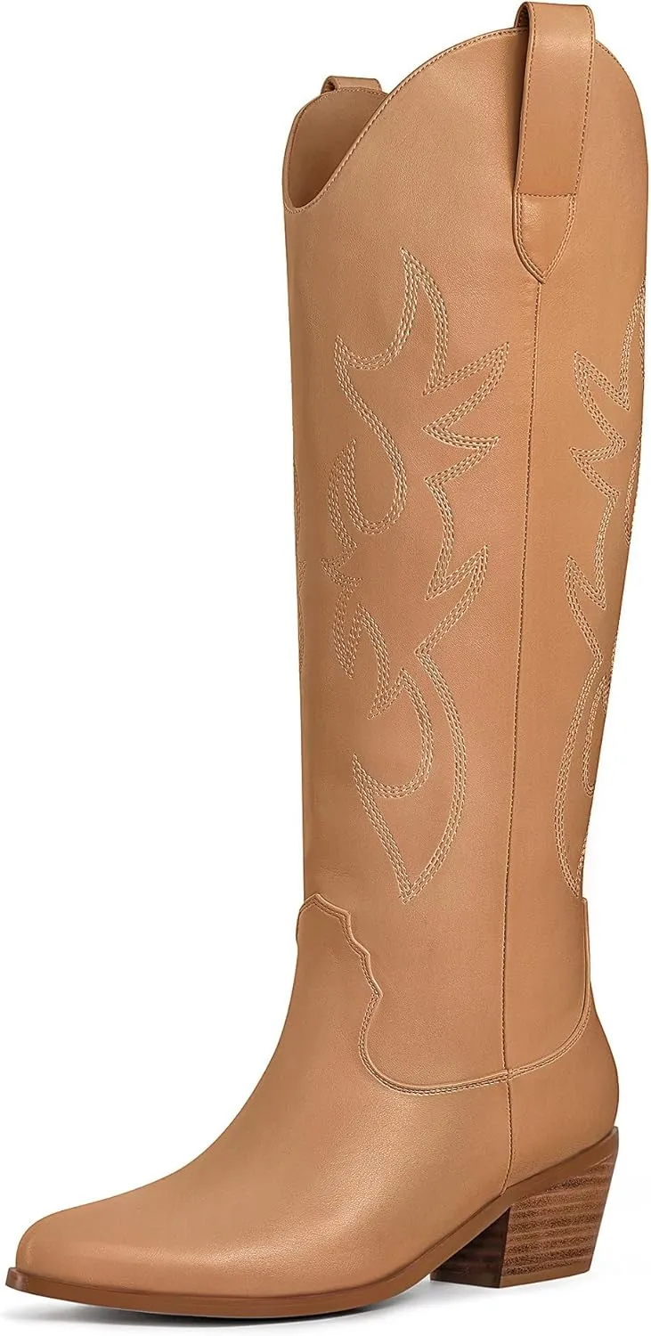 Ouepiano Cowboy Boots for Women Knee High Cowgirl Boots Embroidered Chunky Heels Pointed Toe Long Tall Western Boot Pull On